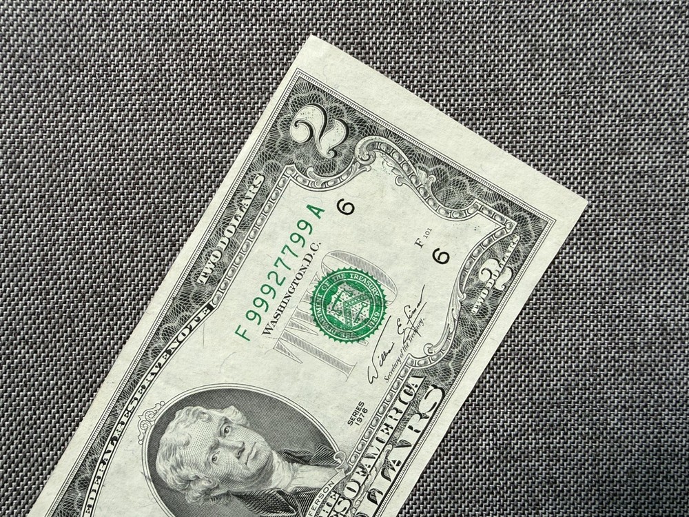 1976 $2 Bicentennial Bill - High Serial Number (99927799), Multiple Errors