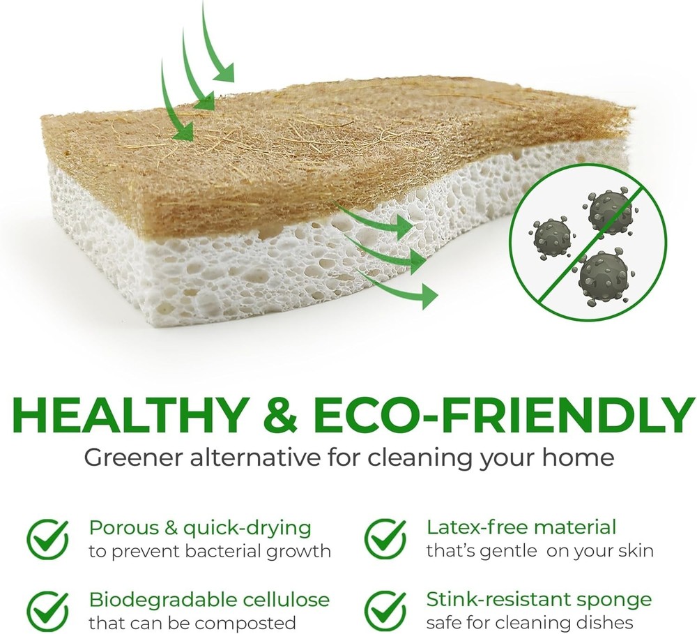 Biodegradable Natural Kitchen Sponge - Compostable Cellulose and Coconut Waln...