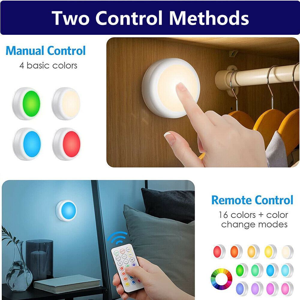 3PCS LED Puck Light Wireless Under Cabinet Lighting Kit Kitchen Counter Light US