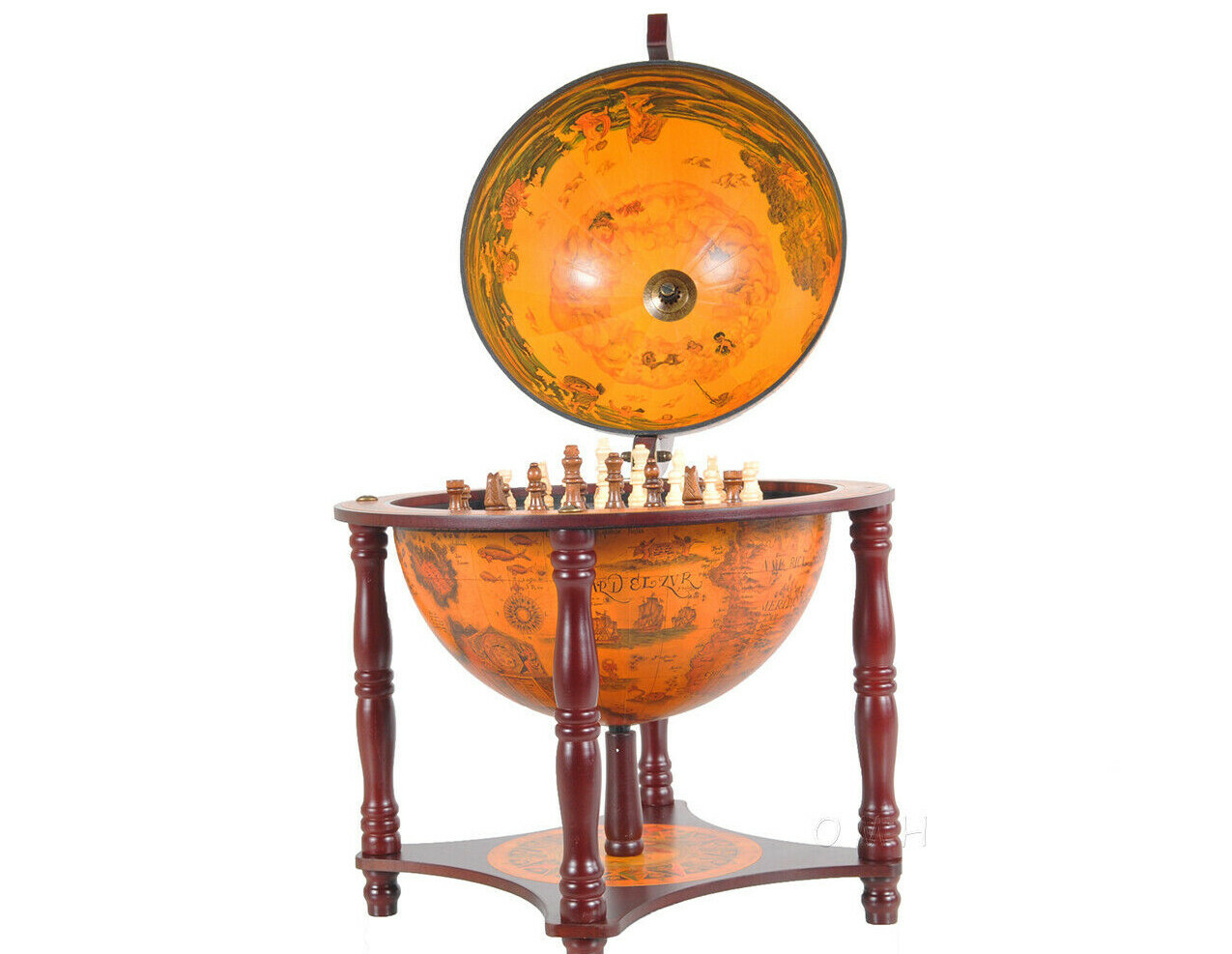 Unique Chess Board w/ Pieces Hidden in Wood Table Top Nautical Old World Globe