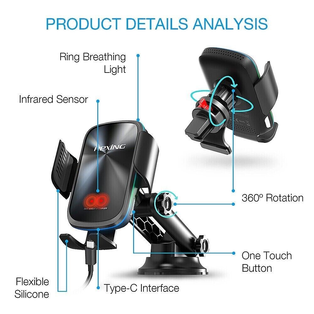 Rexing CX5 Motorized Wireless 15W/7.5W Qi Charging Car Mount for iPhone, Android