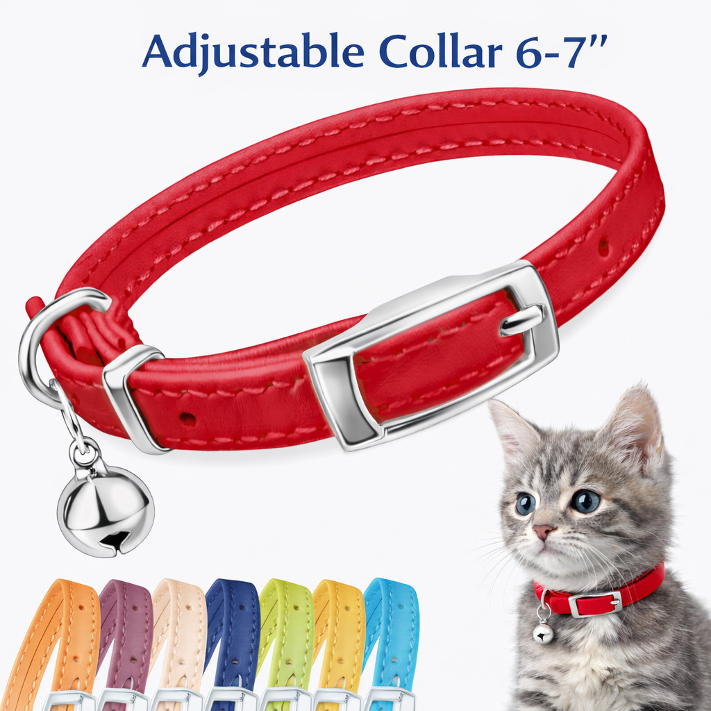 Leather Cat Collar with Bell Adjustable 6-7" Kitten Safety Collar Small Cats