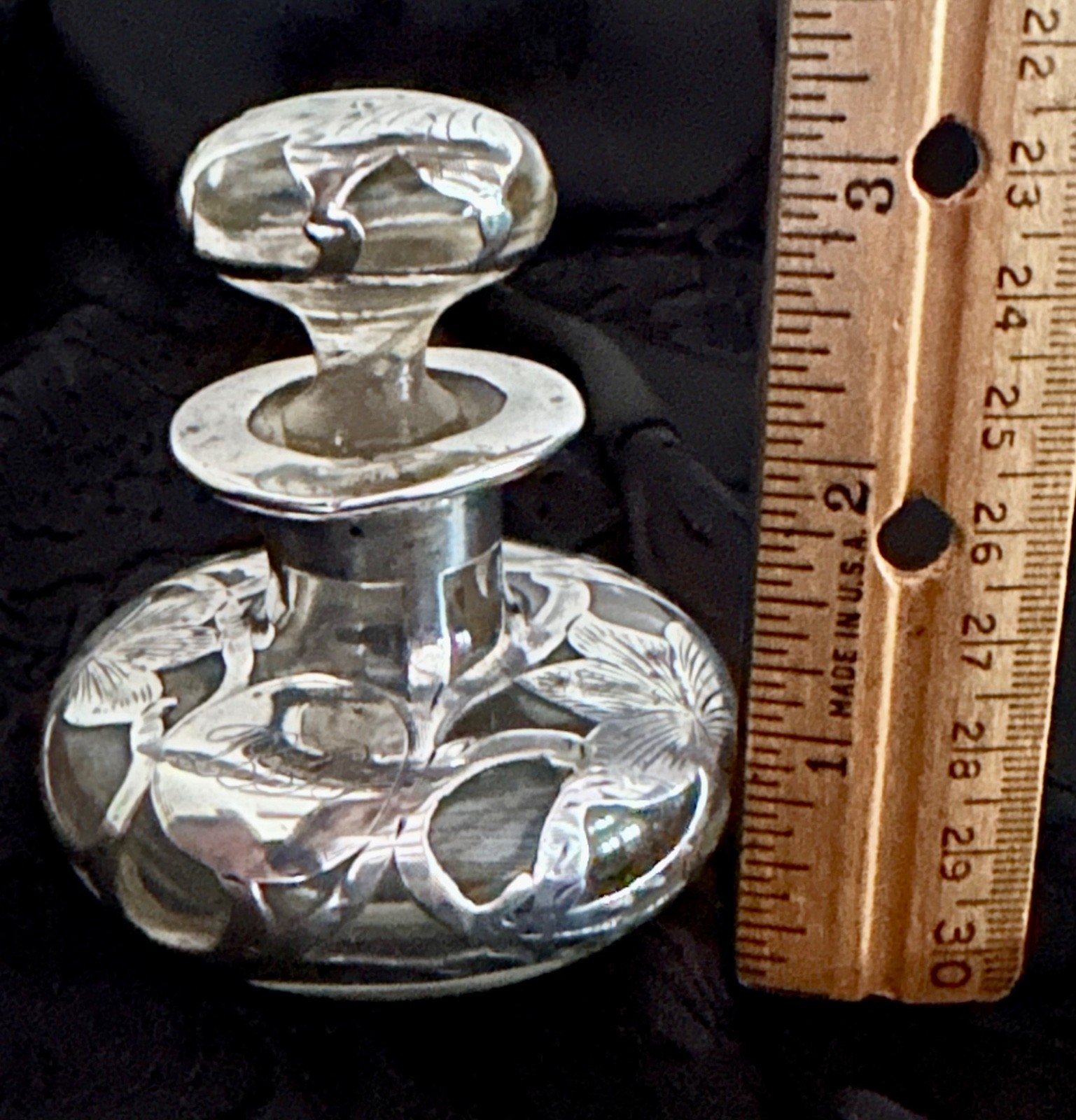 Antique Art Nouveau Sterling Silver Overlay Clear Glass Scent/Perfume Bottle