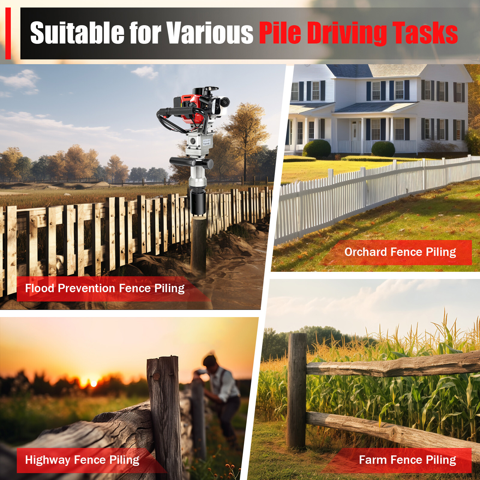 Fence T Post Driver Gas Powered 2 Stroke Motor Pile Drivers Jack Hammer Gasoline