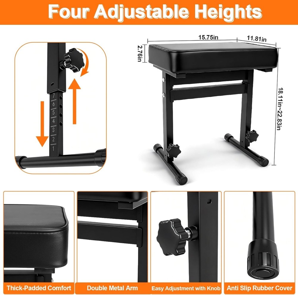 260 lb Capacity Foldable Piano Bench - Adjustable Height Padded Stool