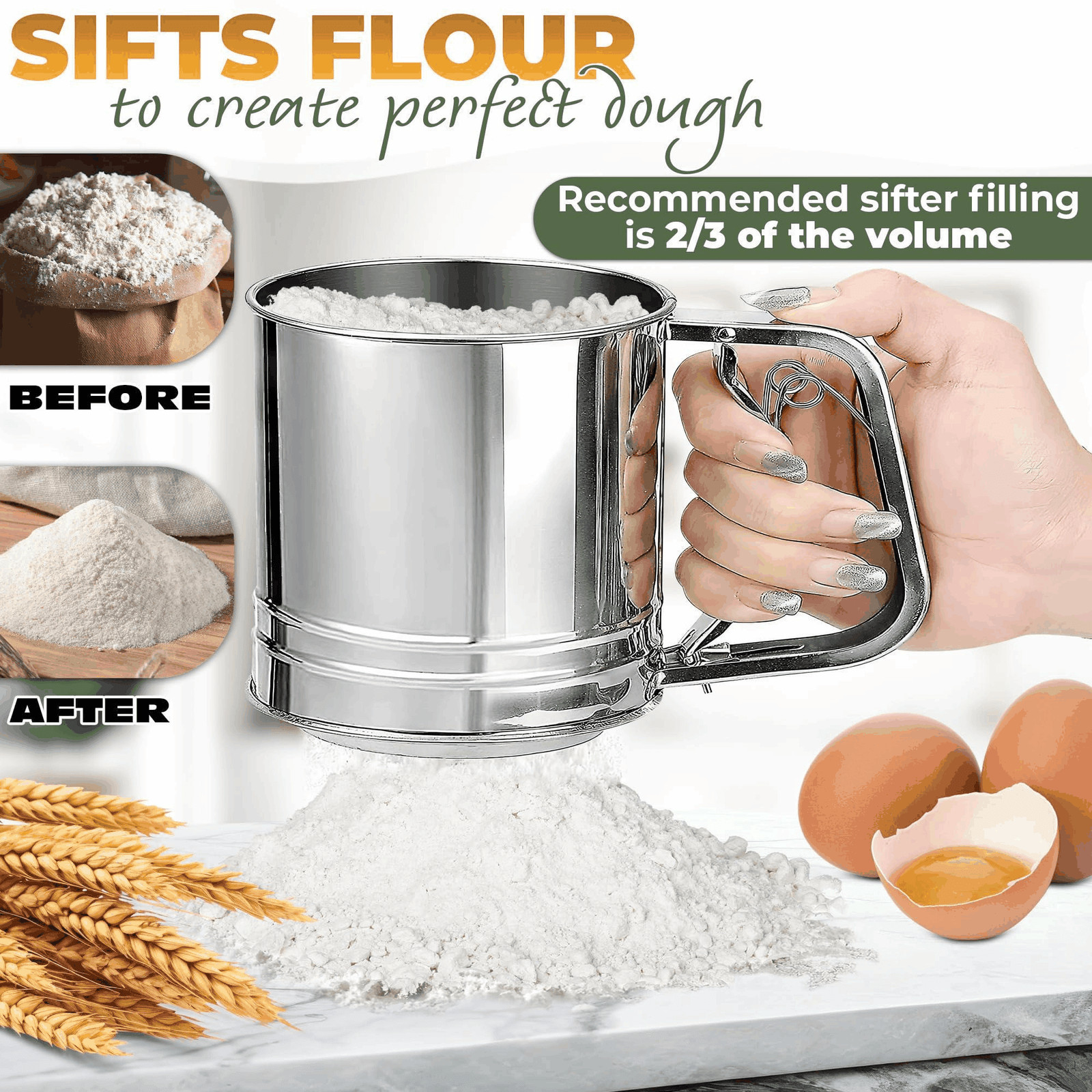 5 Cup Flour Sifter for Baking – Large Capacity Flour Sifter Stainless Steel