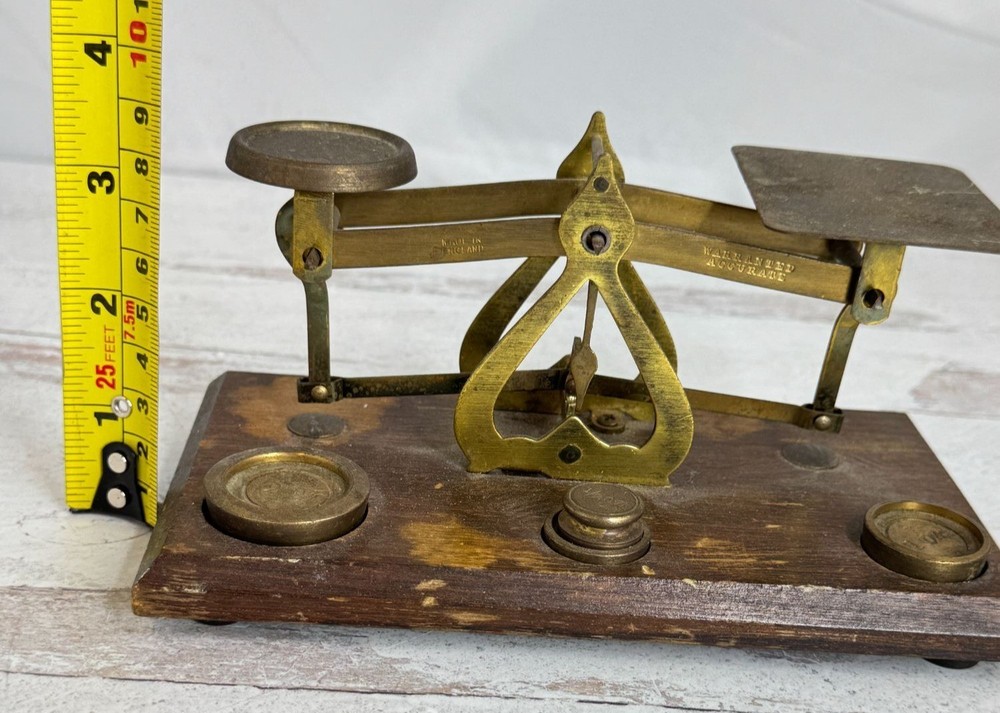 Antique Brass & Wood Postal Scale w Weights