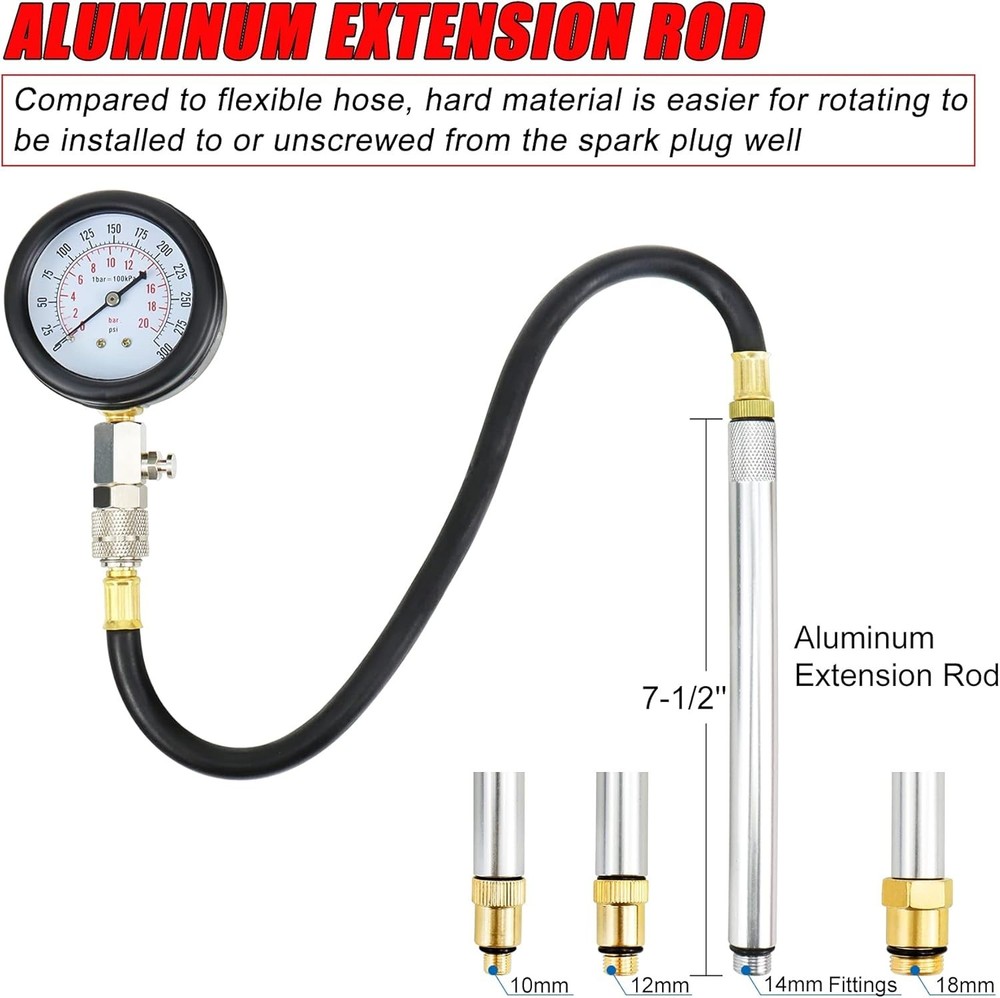 Professional Engine Compression Tester Gauge Kit with Universal Adapters - 9PCS