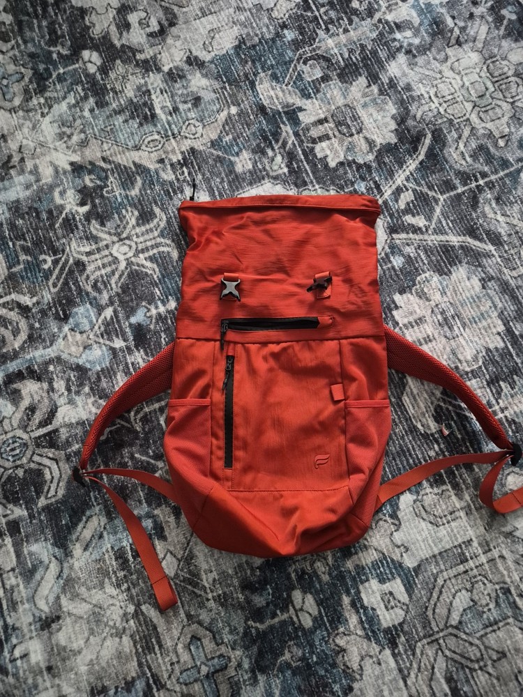 Fabletics "The Only Backpack" Orange Nylon NWOT Multiple Pockets Roll Down Top