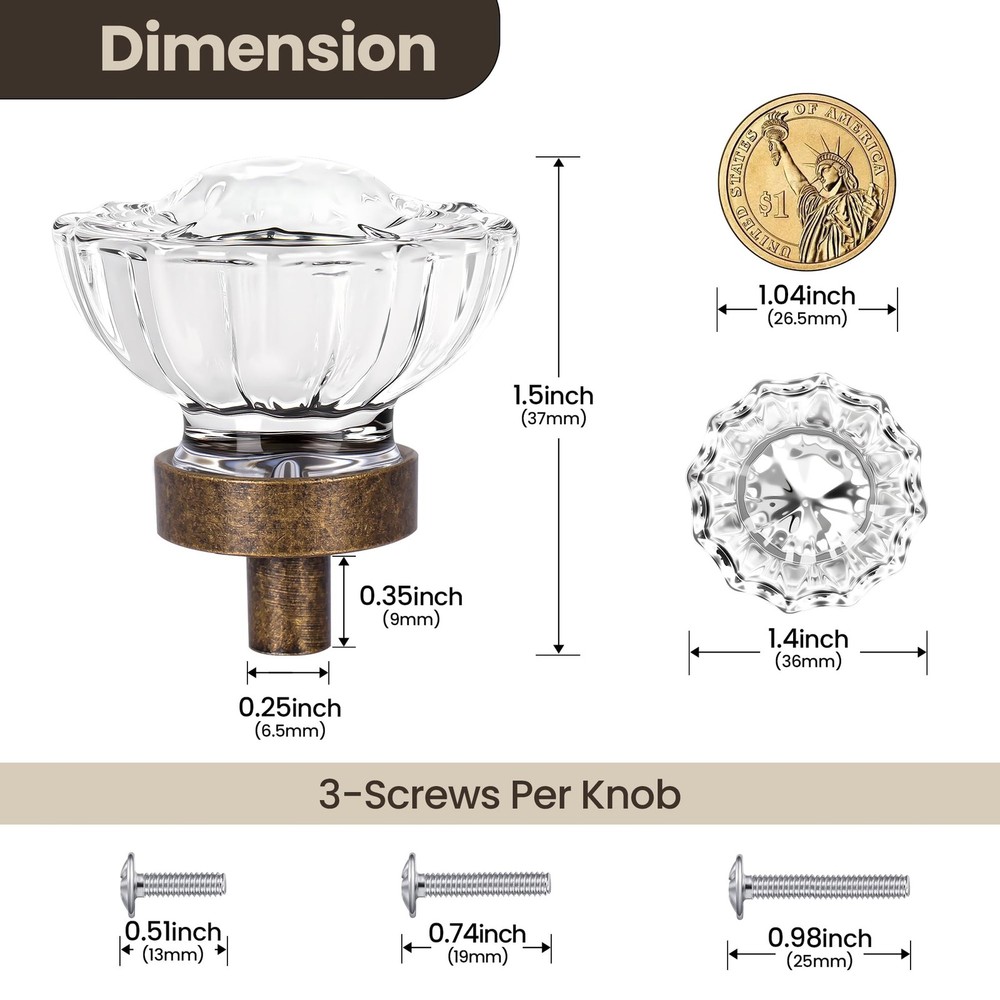4 Pack Crystal Glass Cabinet Knobs, Vintage Antique Brass Drawer Knobs Aged B...
