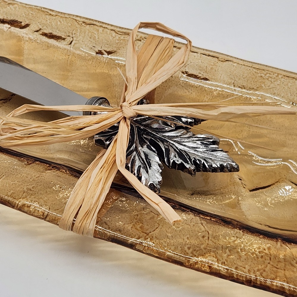 Glass Amber Harvest Leaf Server with Spreader