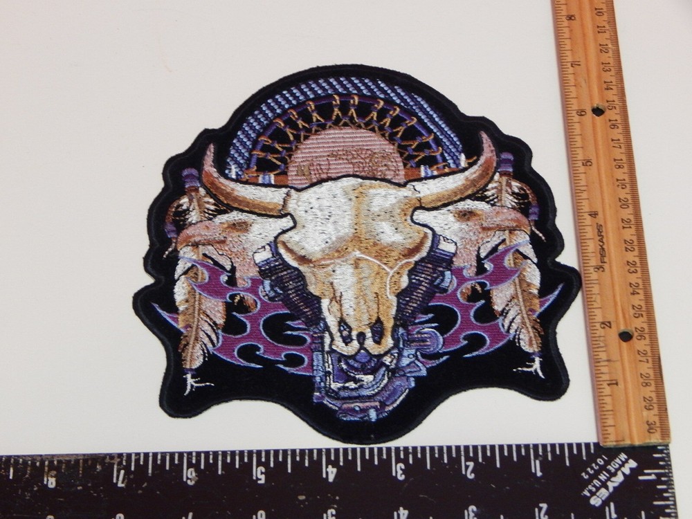 Biker Multi-Color Steer Skull w/ Feathers,Eagle,VTwin Engine Patch Size 7" x 7"