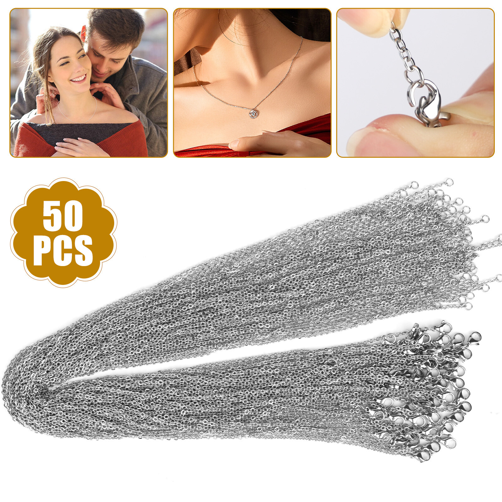 50pcs/lot Stainless Steel Silver Tone Chain Necklace for DIY Jewelry Making Gift
