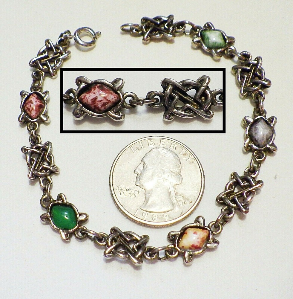 Vtg Celtic Knot & MultiColor Mottled Triangular Glass Cab Link Bracelet ST 8"