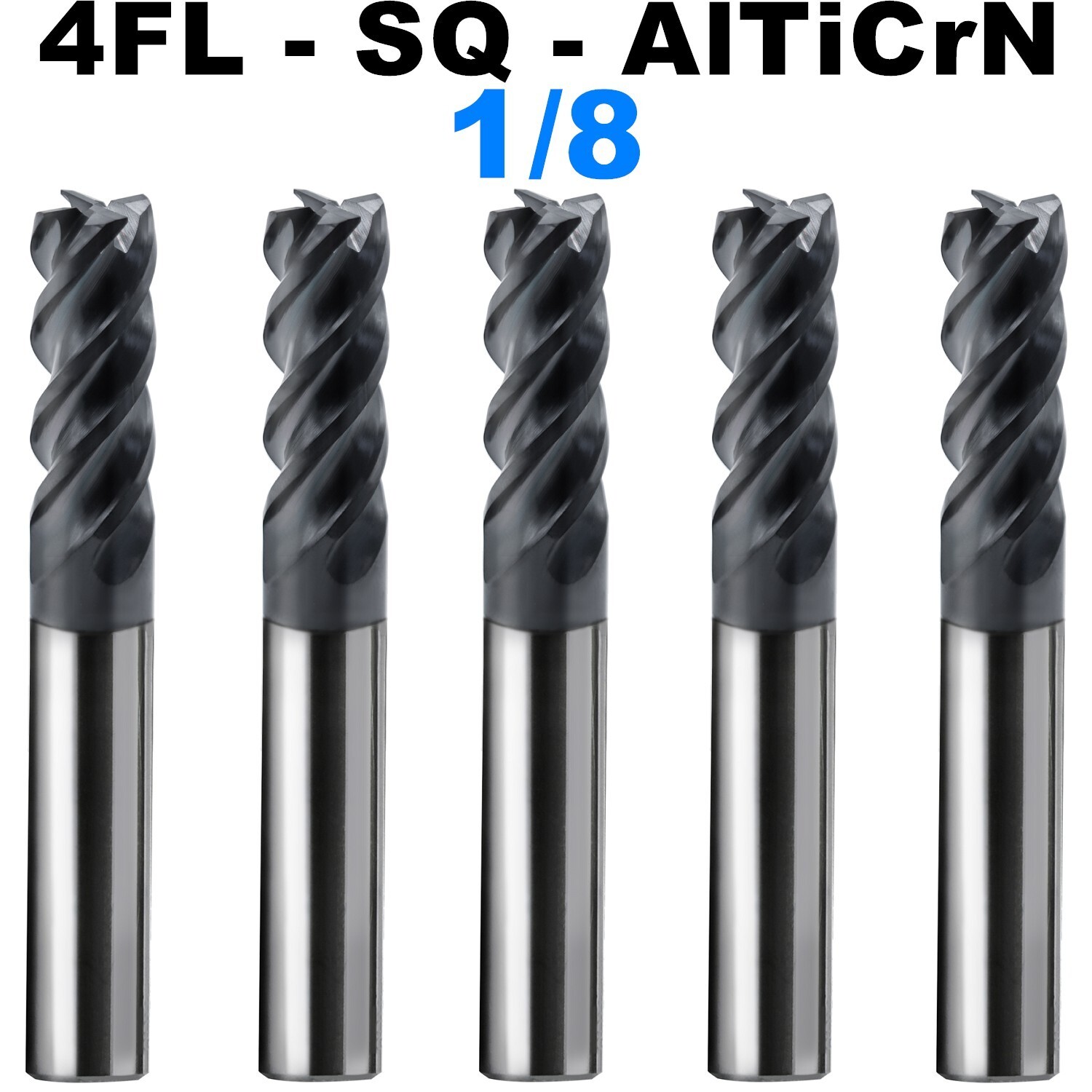 5 PCS 1/8" 4 Flutes Square 45° Helix Carbide End Mill Bits AlTiCrN Coated HRC 50