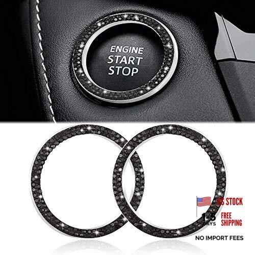 2pcs Bling Car Engine Start Button Cover Diamond Ignition Ring - Black