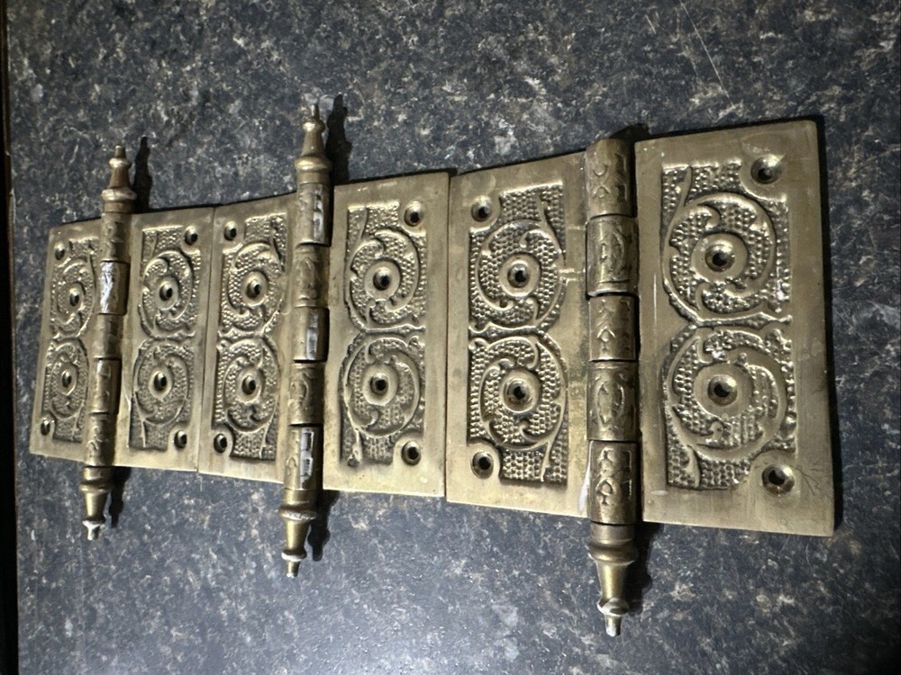 3 Hinges Vintage Size  4 1/2" Solid Brass Tip Hinge With Decorative Vine Pattern