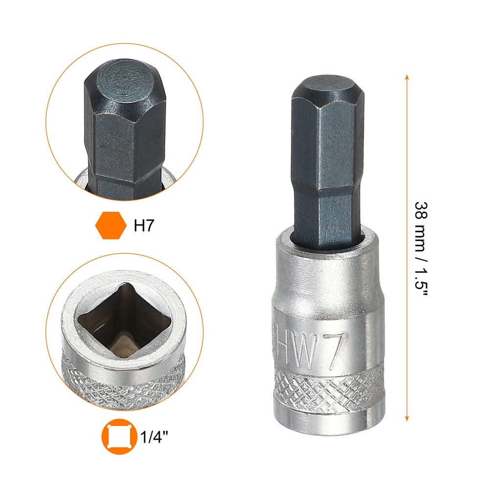 2Pcs Hex Bit Socket H7 1/4" Drive 1.5" Length S2 Steel Bit CR-V Socket