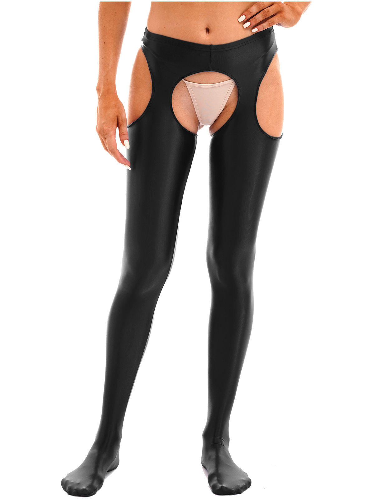 Women's Oil Shiny Hollow Out Pantyhose Stretchy Mid Waist Stockings Suspender