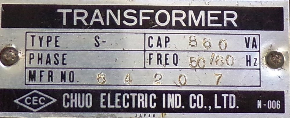 CHUO ELECTRIC TRANSFORMER TYPE S, CAP 860VA