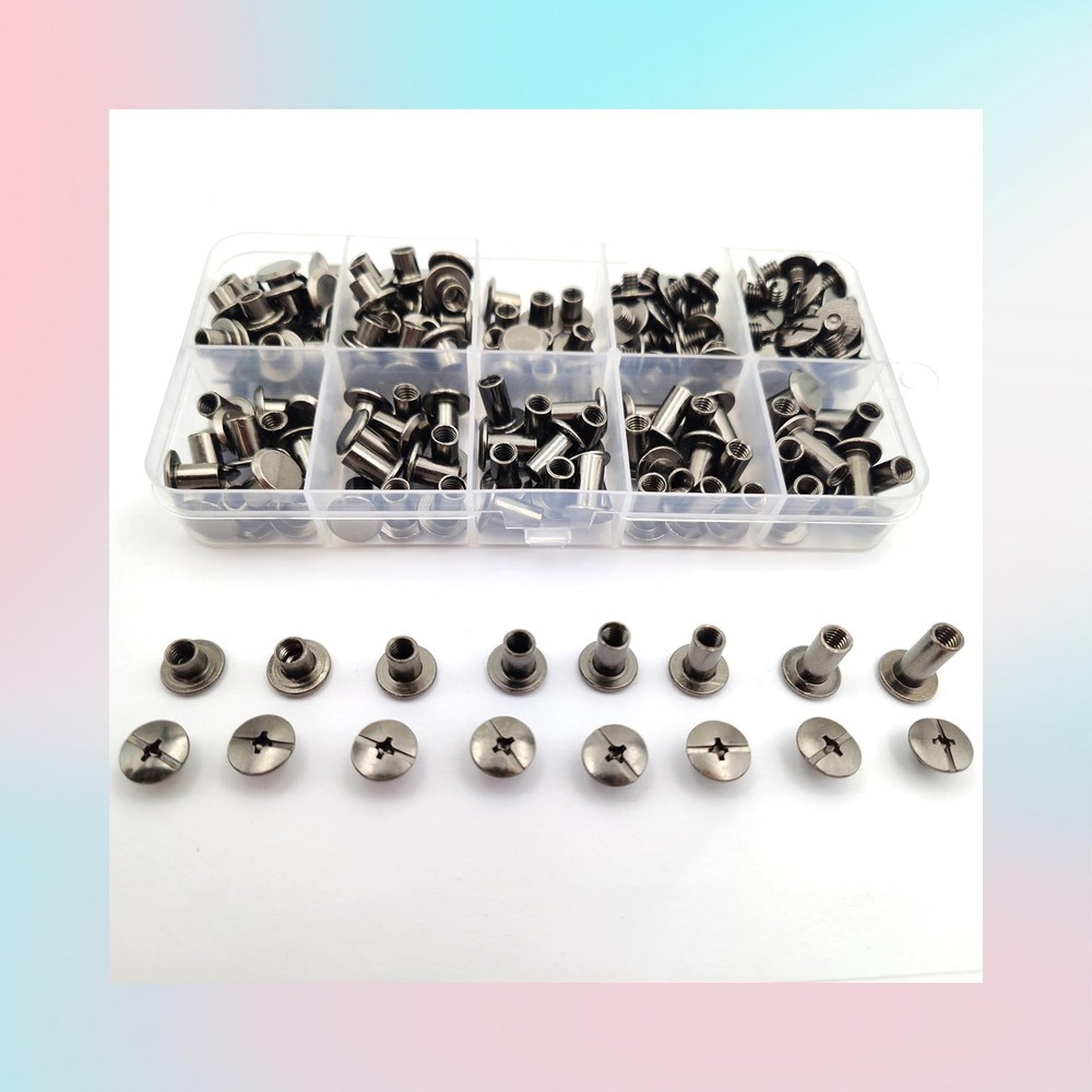 102 Sets Black Leather Rivets M5 Chicago Binding Screws Assorted Sizes Kit