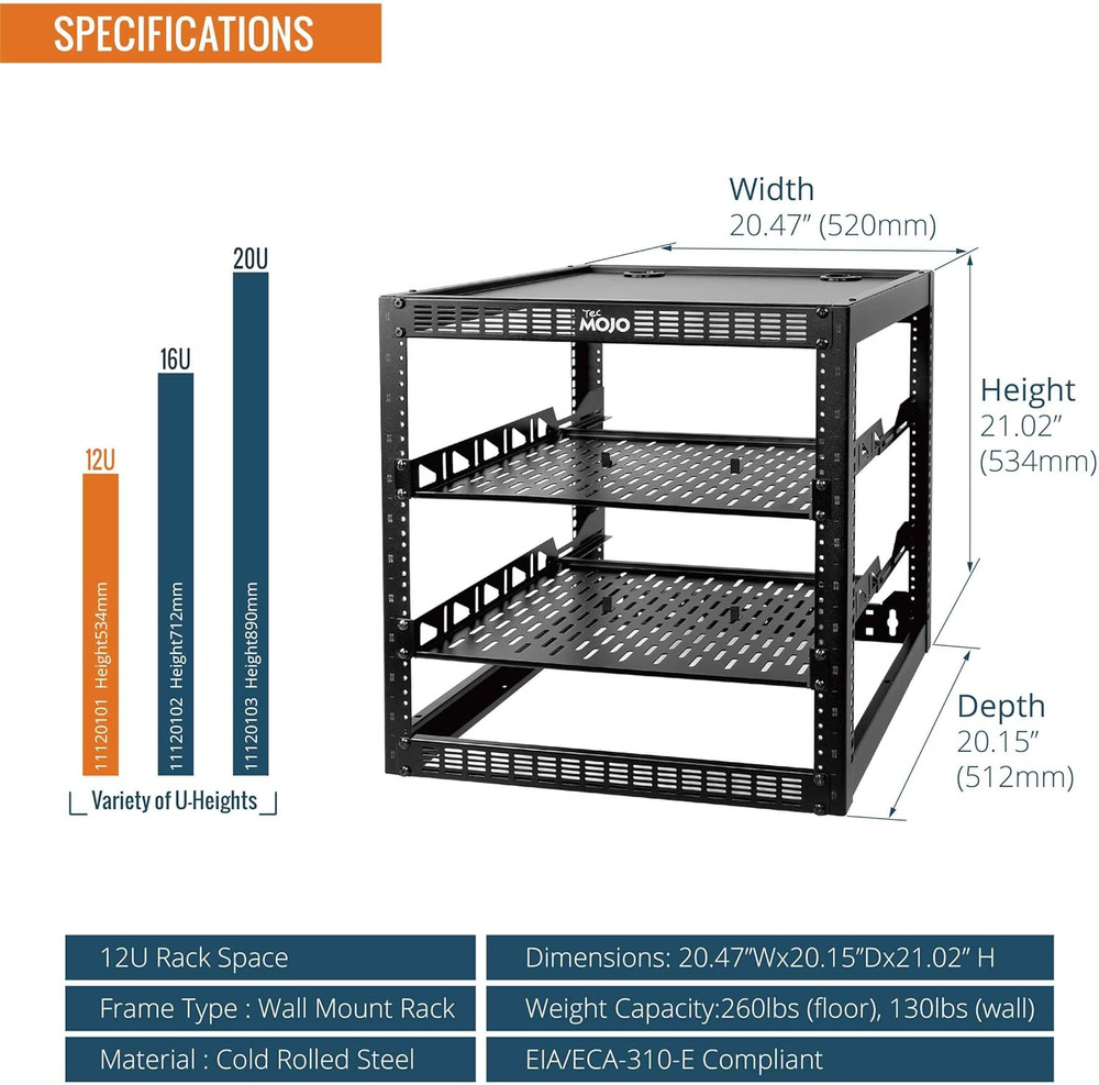 12U Open Frame Network Rack Floor Stand Wall Mount 19in AV IT 2 Shelf