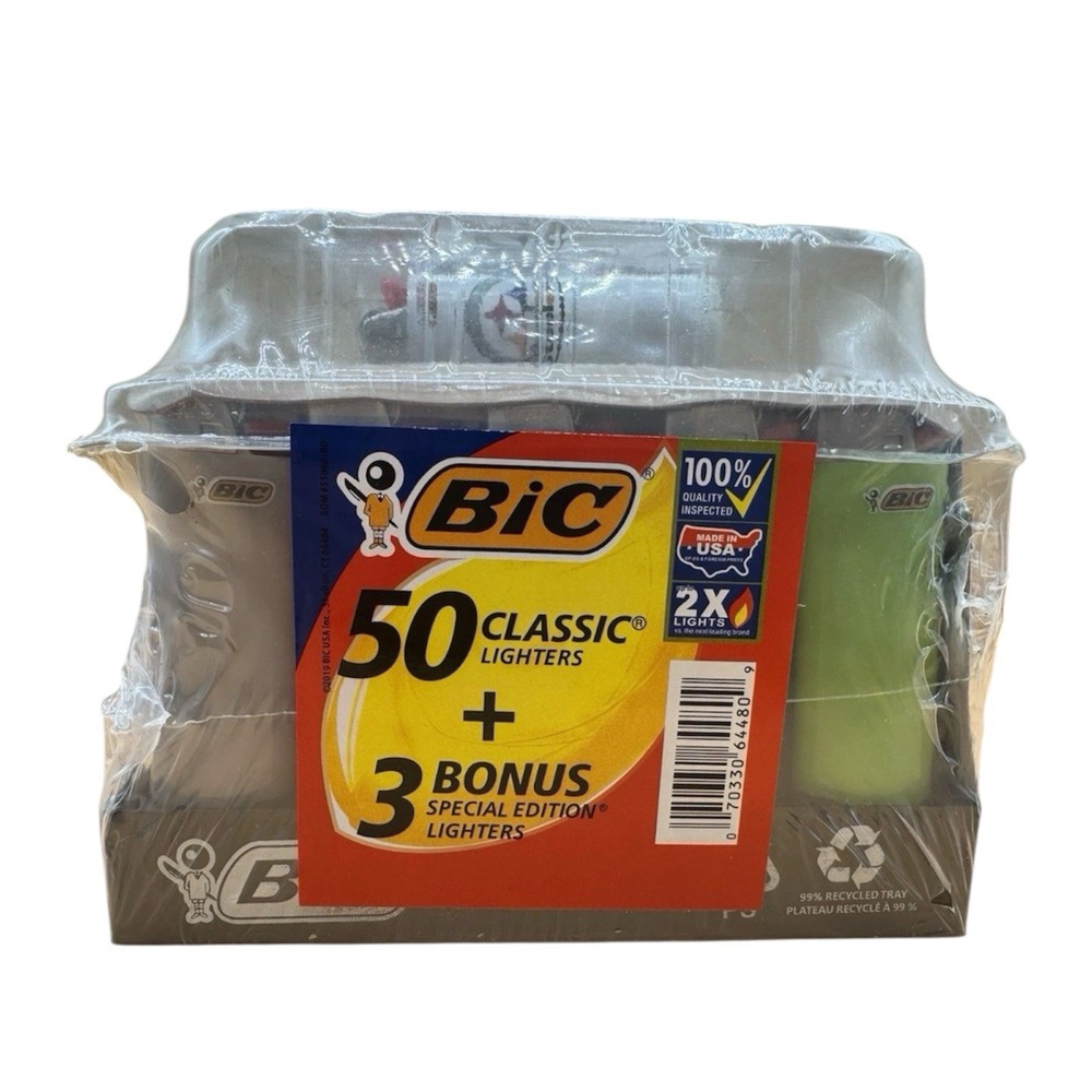 BIC Classic Flame Lighters 50 Pack + 3 Bonus Multicolor Disposable Assorted