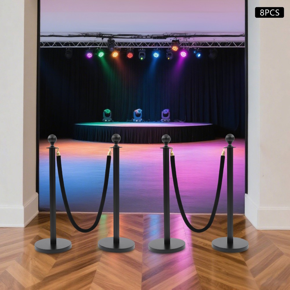 8PCS Stanchion Posts Queue Pole Black with 4 1.5M Ropes Crowd Control Barrier
