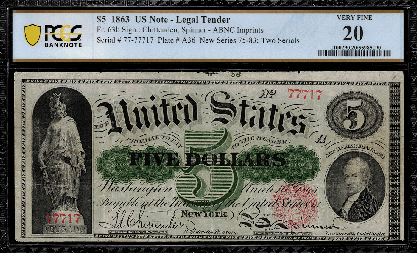 1863 $5 Legal Tender FR-63b - Graded PCGS 20 Comment - Very Fine