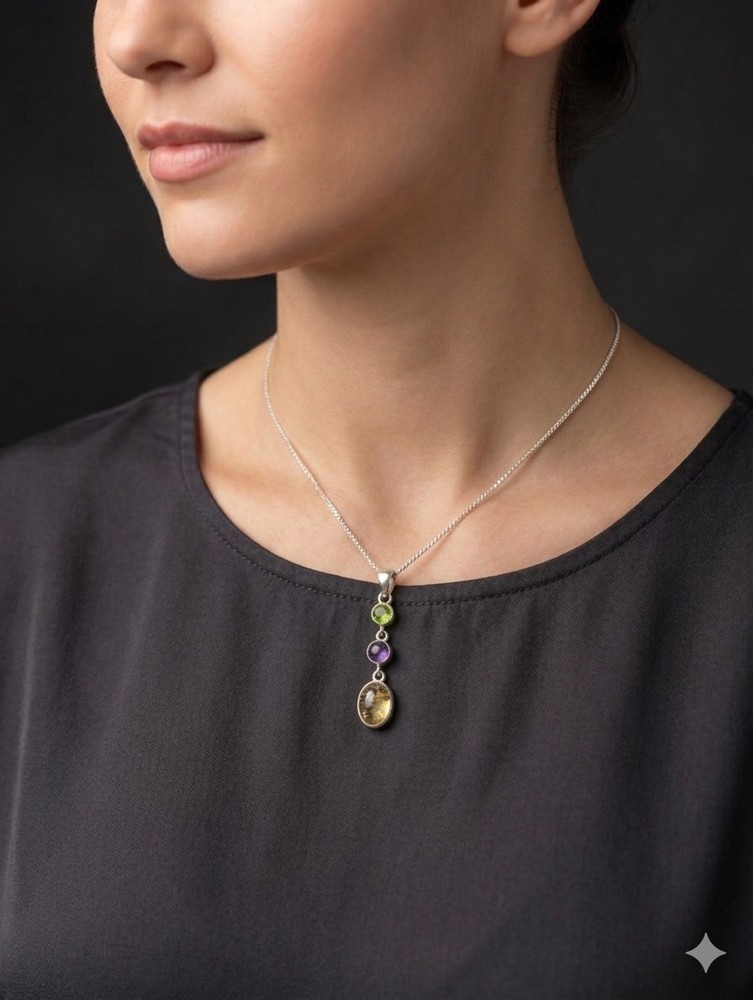 Handcrafted Citrine, Amethyst, Peridot Silver Artisan Pendant