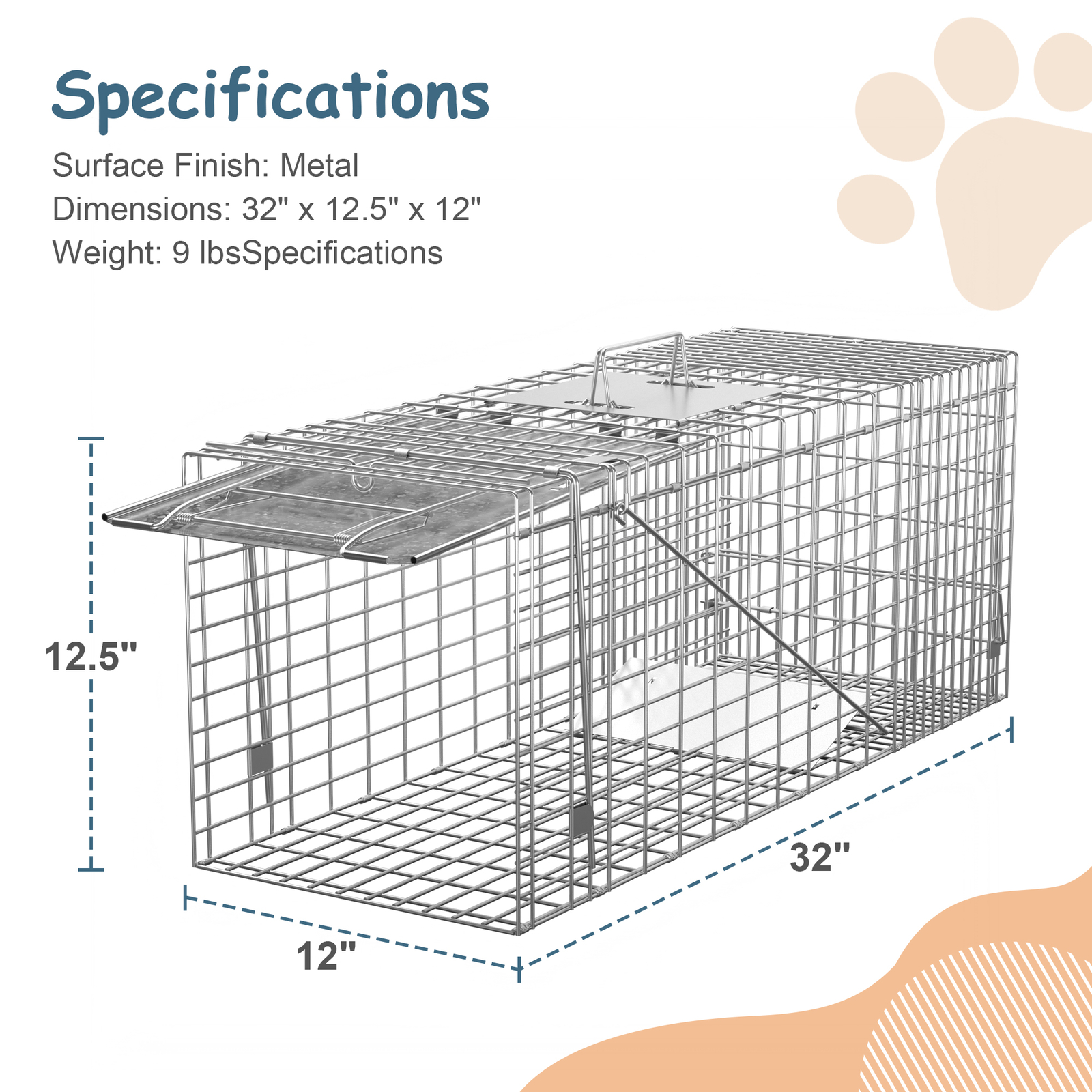 Live Animal Cage Trap 32" X 12.5" X 12" Humane Rodent Raccoon Cage w/Iron Door