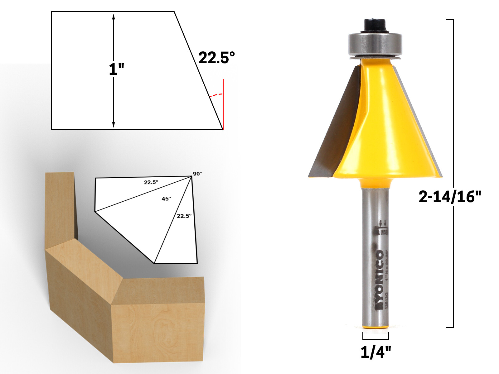 22.5 Degree Chamfer Edge Forming Router Bit - 1/4" Shank - Yonico 13913q