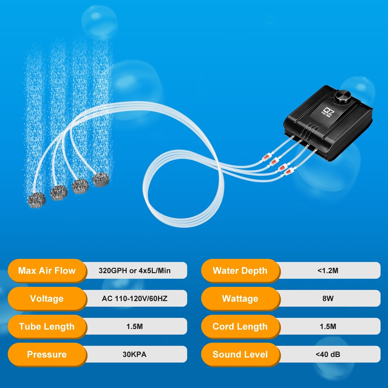 JEREPET 320GPH Aquarium Air Pump 8W Adjustable Quiet Oxygen pump with 4 Outlet