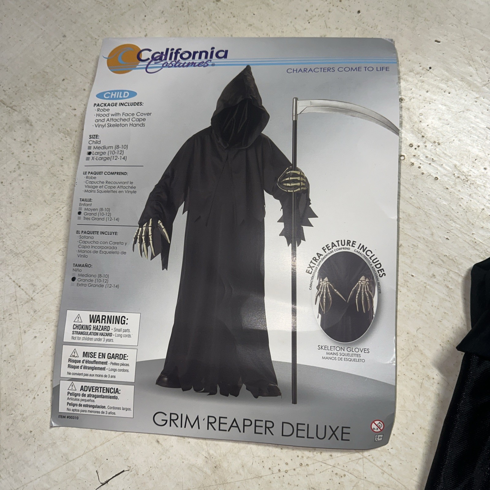 Grim Reaper Children Halloween Costume Large 10-12 Black California Left Glove