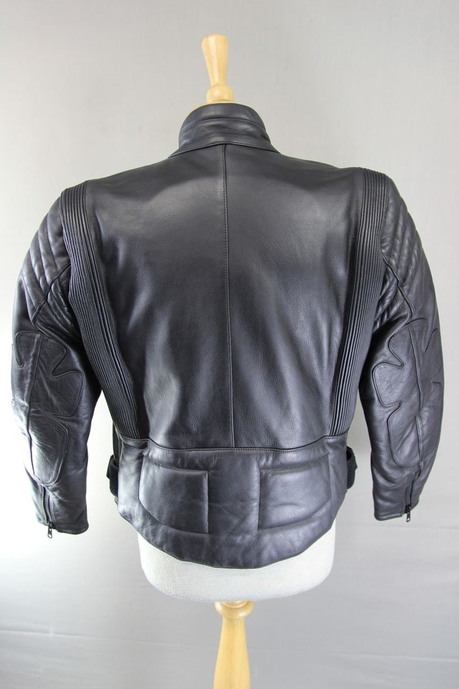 WEISE CLASSIC BLACK LEATHER BIKER JACKET WITH REMOVABLE BACK PROTECTOR: SIZE 12