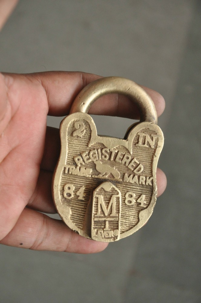 Vintage Brass Handcrafted Lines & Bird Engraved Solid Padlock, Nice Patina