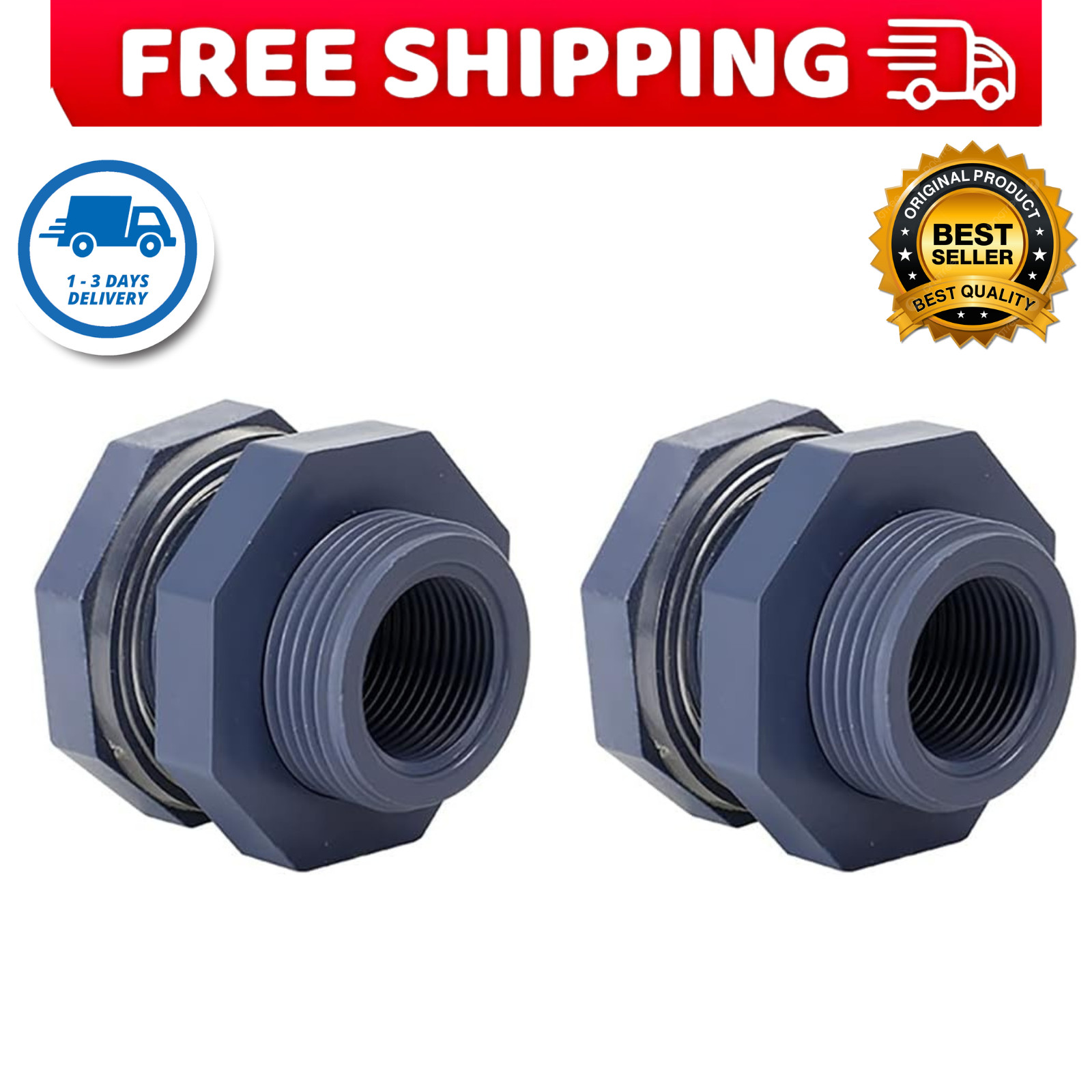 2 Pieces 3/4 Inch PVC Bulkhead Fitting for Water Barrel Water Tank Rain Barre