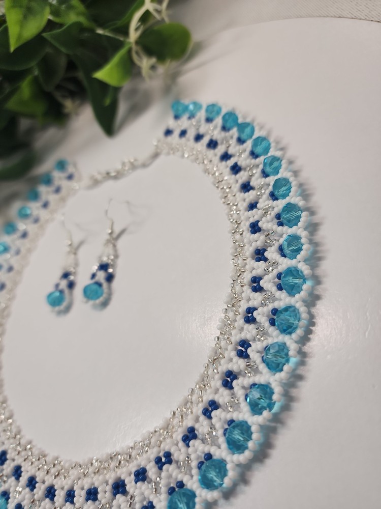 Blue Beaded Necklace With Earrings