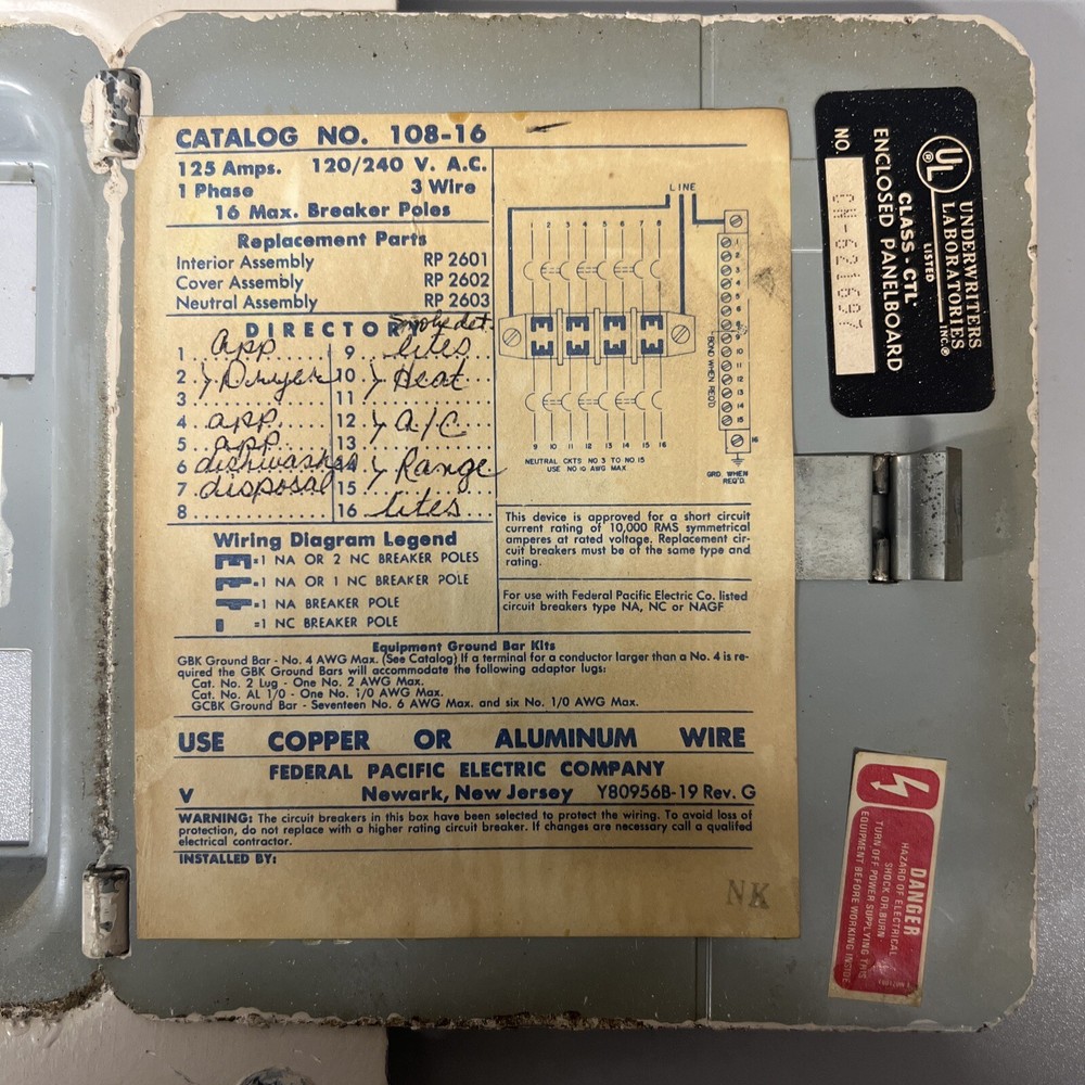 FEDERAL PACIFIC PANEL COVER ONLY 16 SPACE REPLACEMENT *used