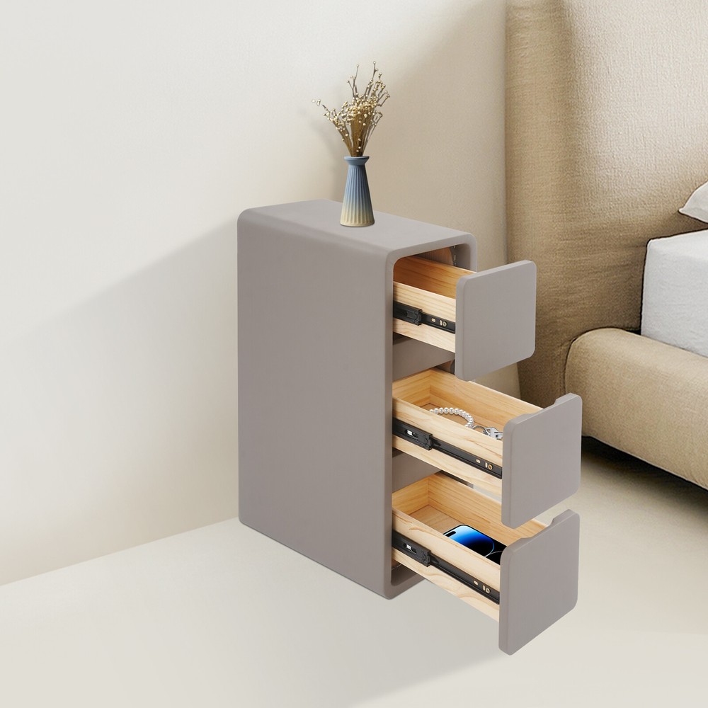 Floor Standing Bedside Table Narrow Deep Gray Storage Nightstand w/ 3-Drawer