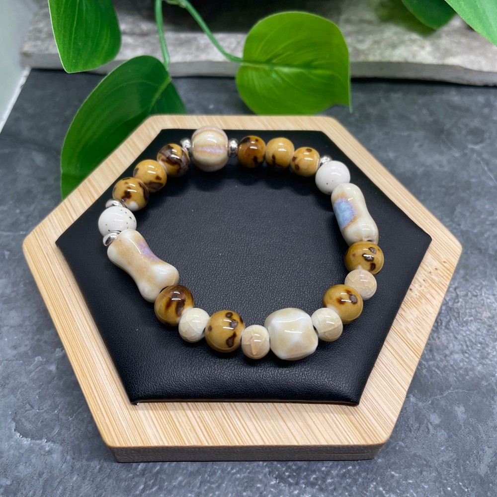 Handmade Ceramic Bead Beaded Stackable 6.5” Plus Stretch Bracelet New B433