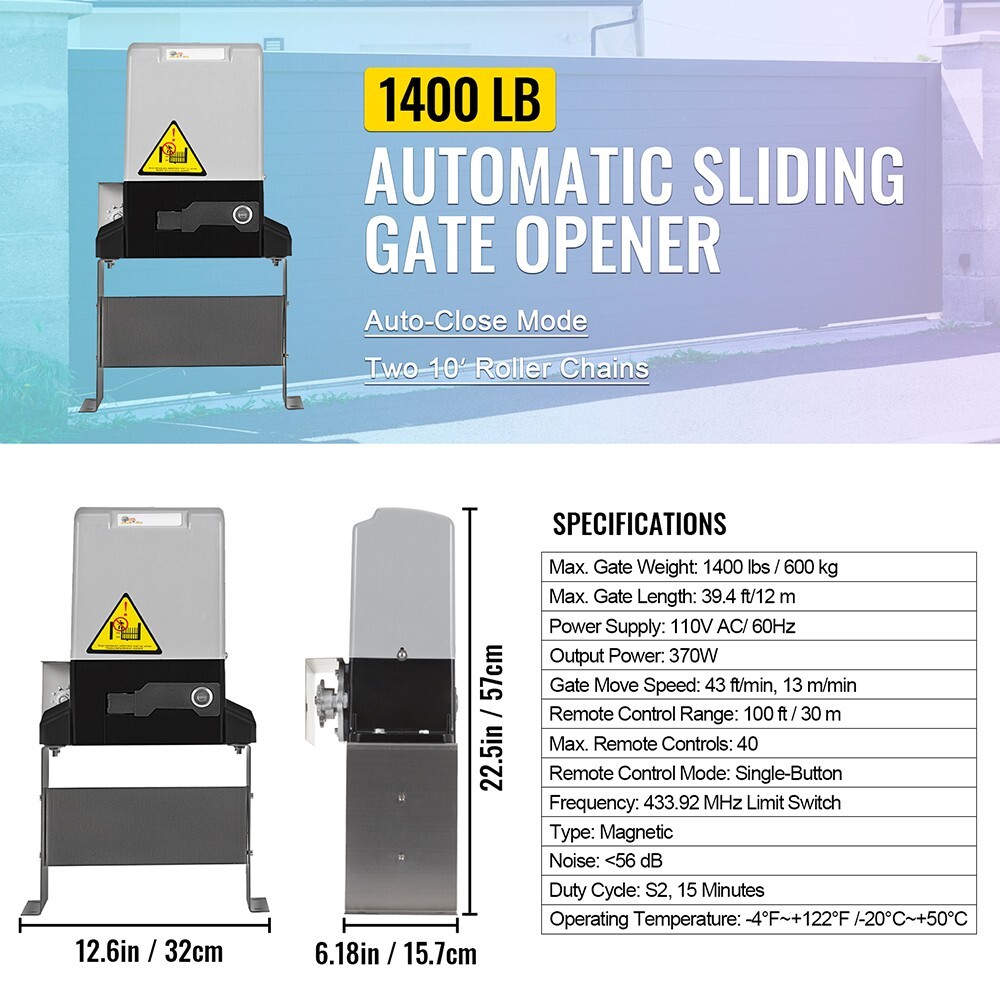 1400Lbs Sliding Gate Opener Electric Gate Operator Automatic Motor w/ 2 Remotes