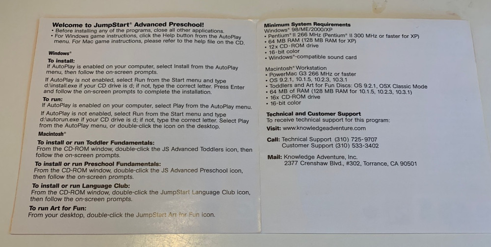 Jump Start Advanced Preschool 4 CD-ROM Software Set Incl. User Guide Windows/Mac