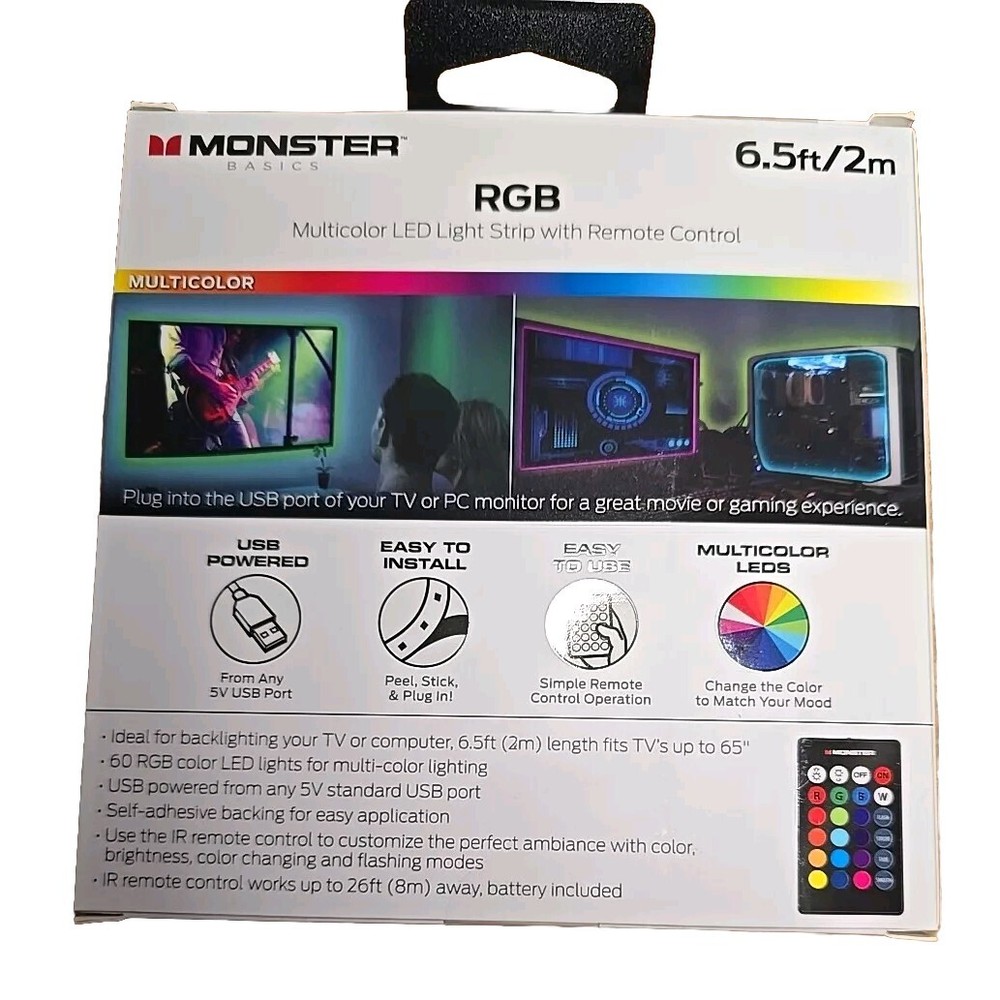 Monster Basics RGB Multicolor LED Light Strip Backlight 6.5ft 2m IR Remote USB