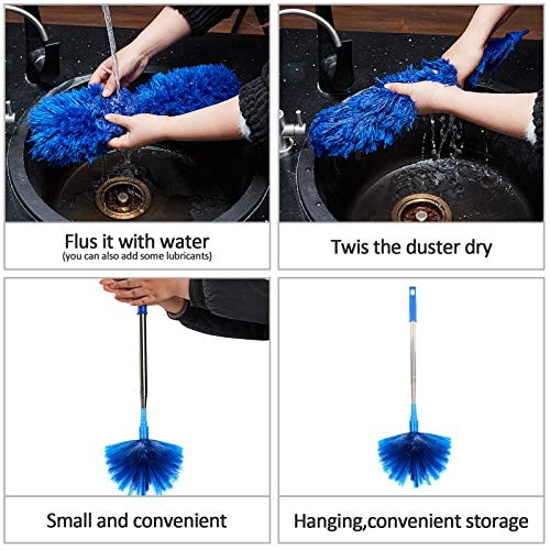 Cobweb Duster with Extension Pole, Washable Cleaning Duster Kit with 2 Blue