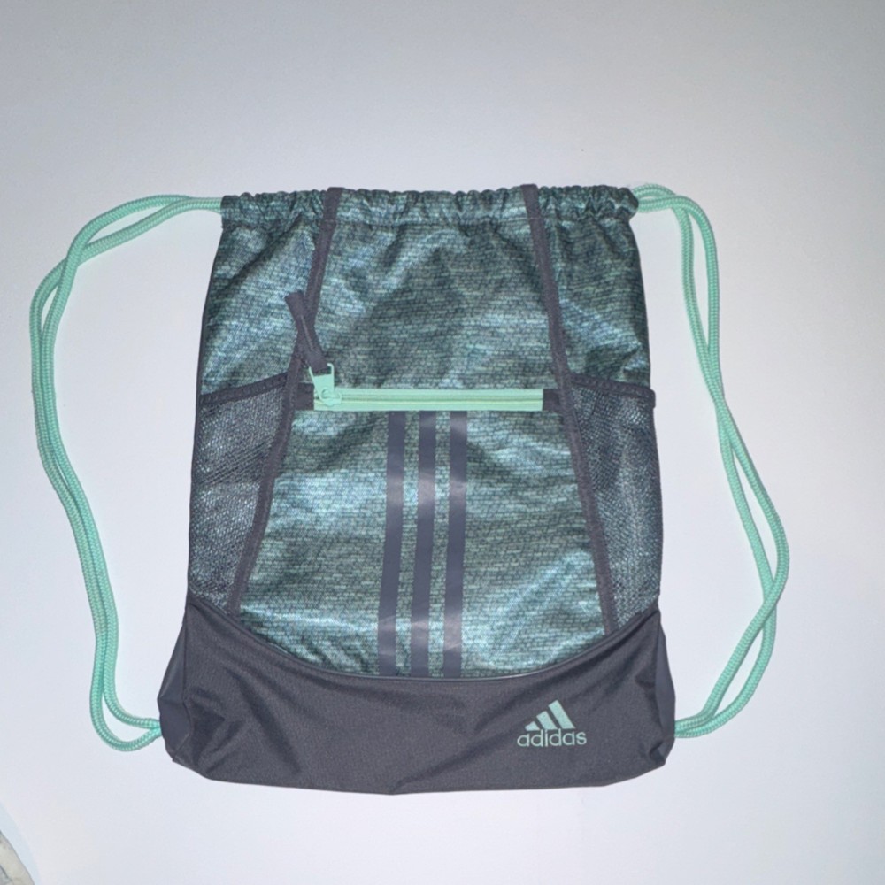 adidas Drawstring Gym Bag Gray Mint Green Zip Pocket Adjustable Strap Polyester