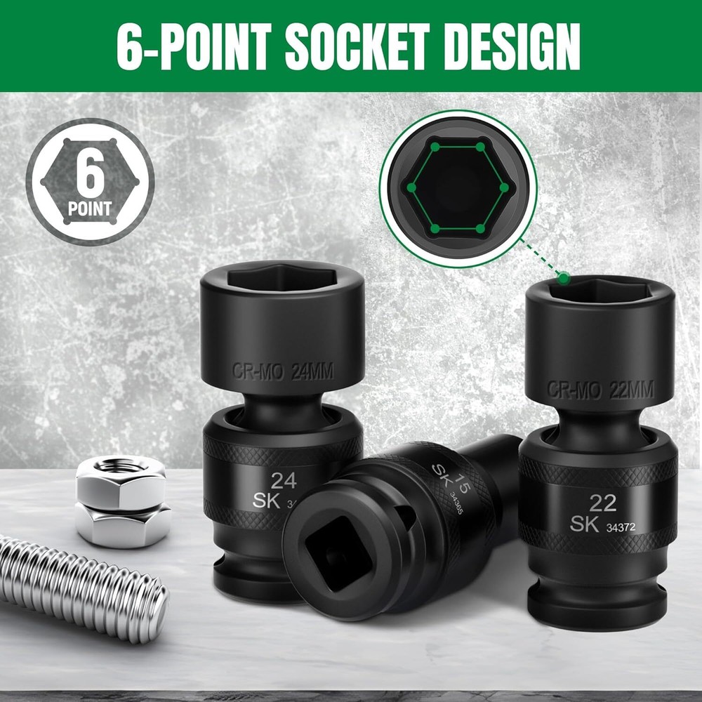 SK 1/2" Drive Universal Swivel Impact Socket Set, Metric Socket Set, 15-Piece
