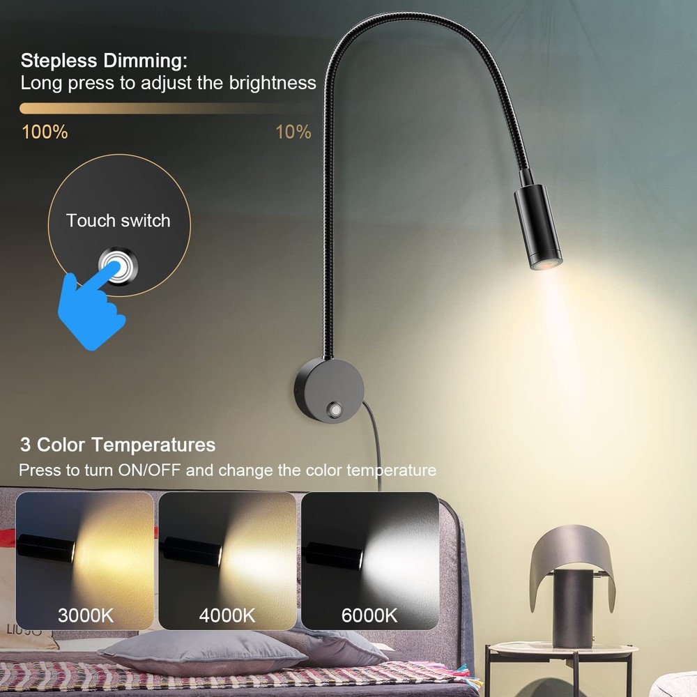 Wall Mounted LED Reading Light with 15" Flexible 15" Bedside reading light 2p