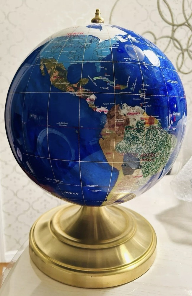 Gemstone Earth Globe On Brass Stand
