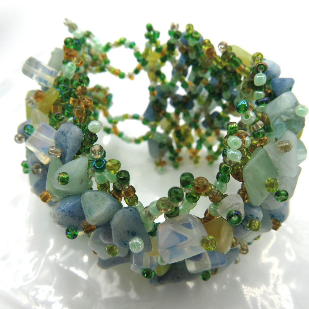 Beaded Stone Chip Wide Cuff Bracelet Green Blue Boho Chunky Statement